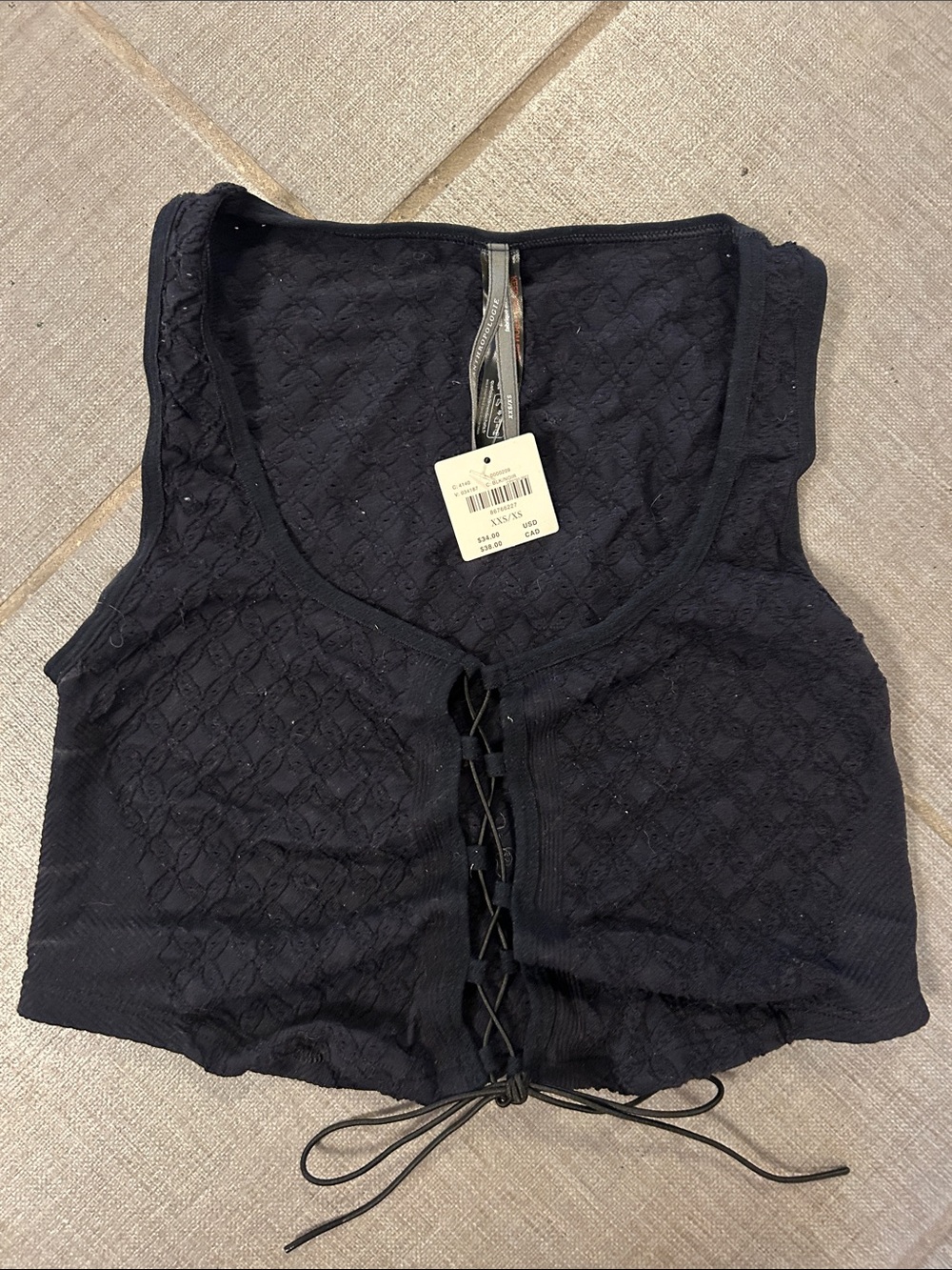 Anthropologie Black Lace-Up Textured Crop Top